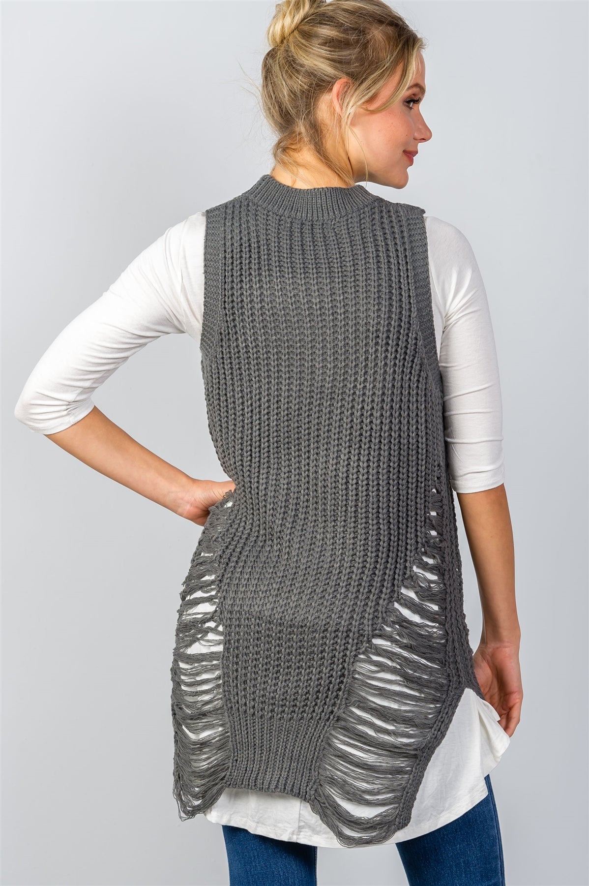 Ladies fashion round neckline sleeveless sweater knit distress sides dress