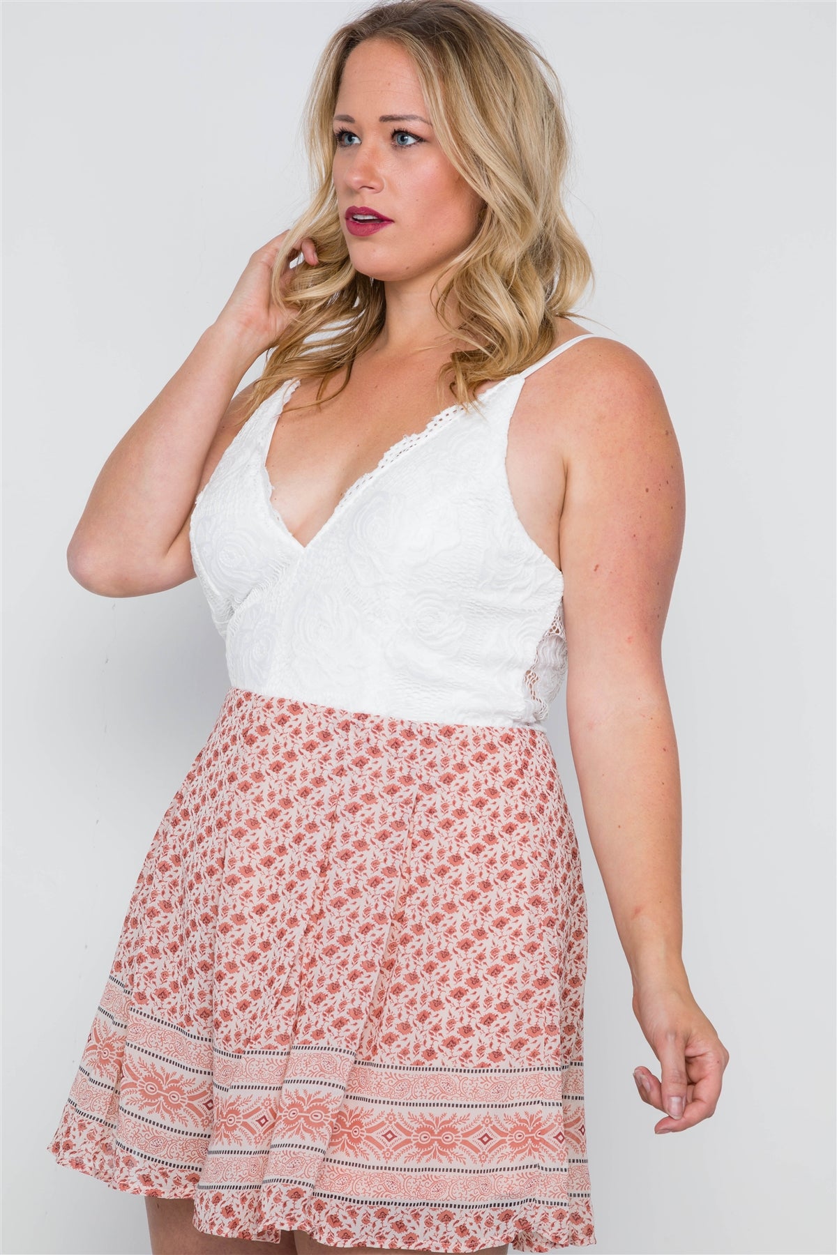Plus Size Peach Floral Combo V-neck Cami Romper