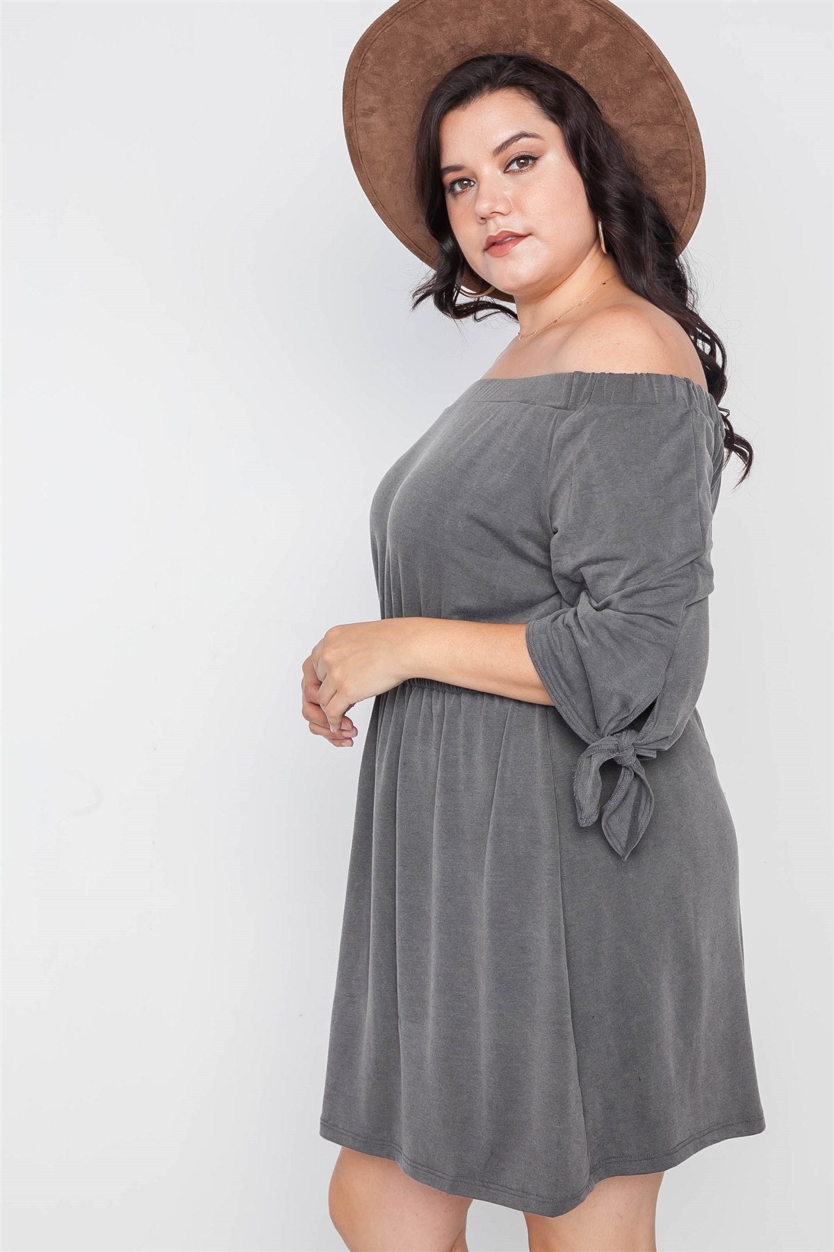 Plus Size Charcoal Off The Shoulder Basic Mini Dress
