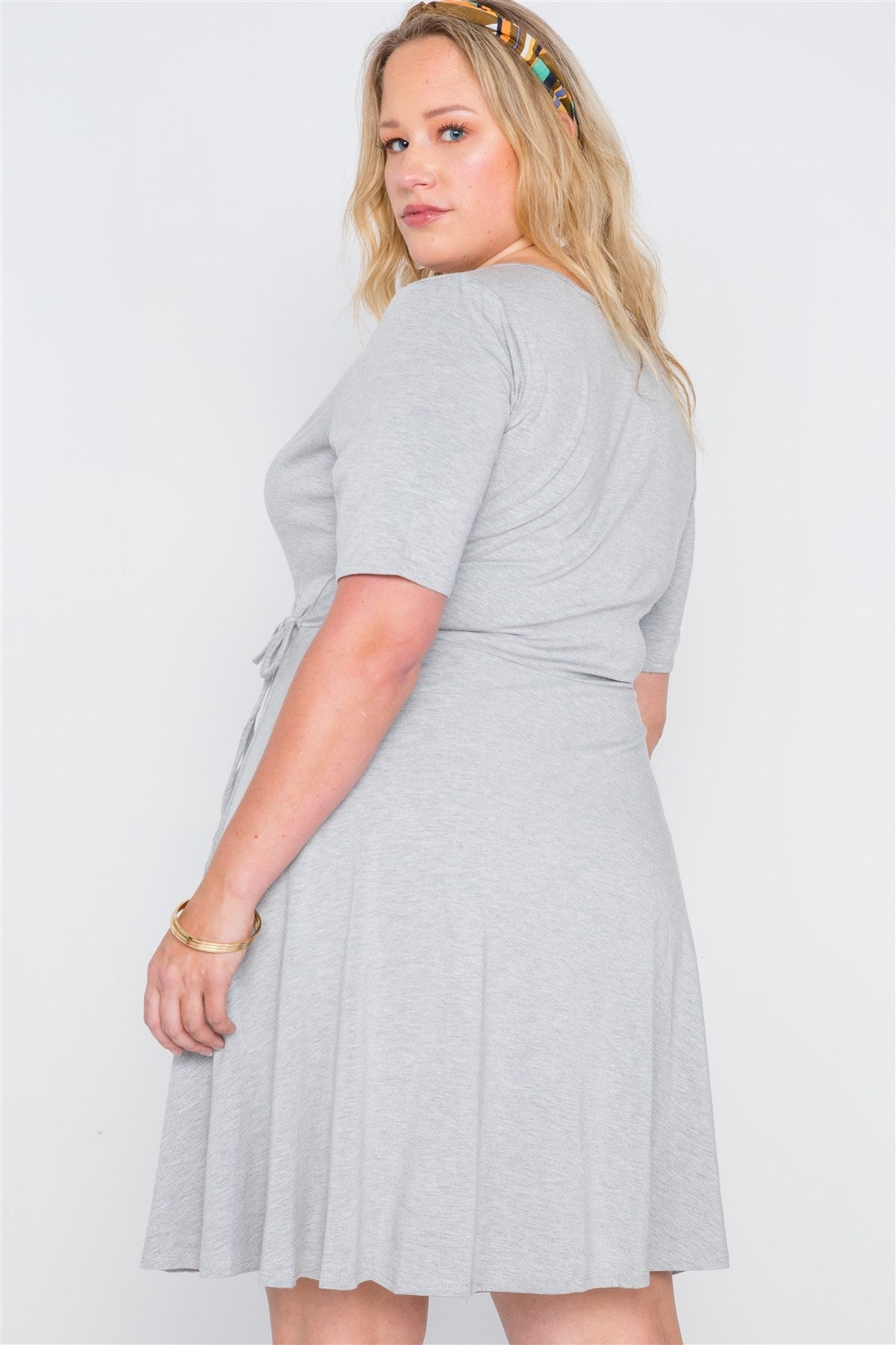 Plus Size Grey Surplice Neck Short Sleeve Solid Dress