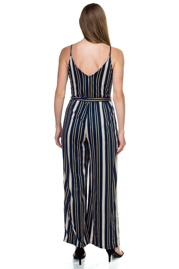 Sleeveless Stripe Waist Tie Jumpsuit