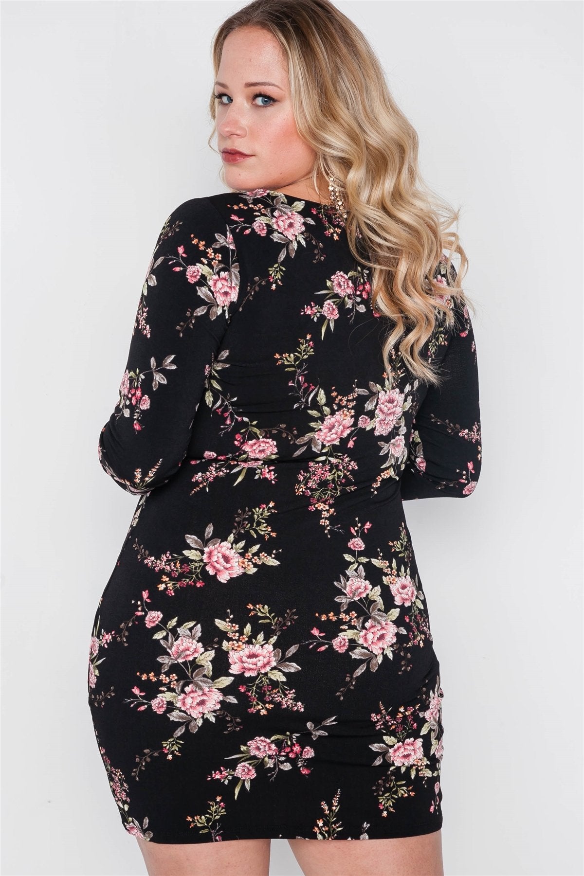 Plus Size Black Floral V-neck Long Sleeve Mini Dress