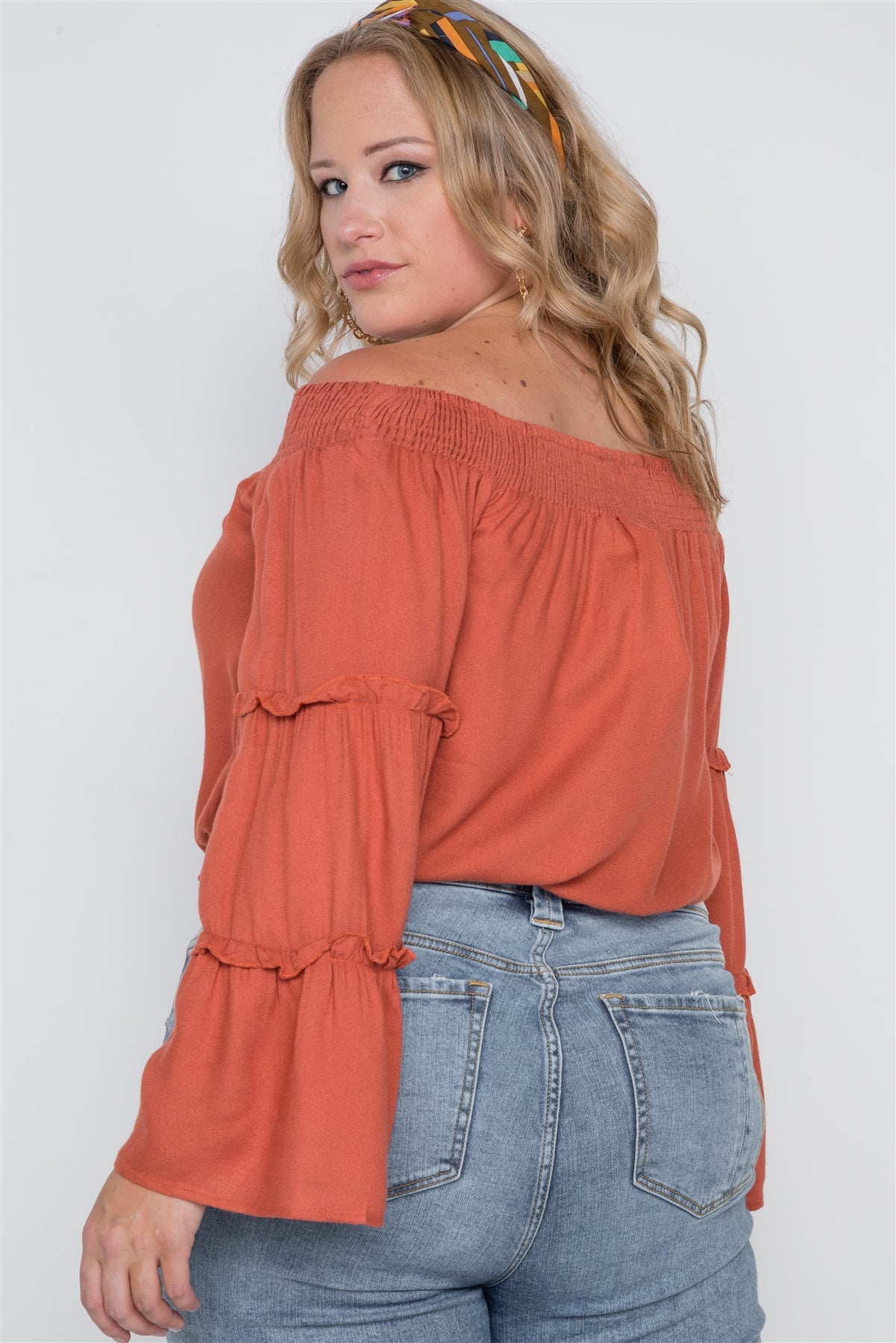 Plus Size Off-the-shoulders Bell Sleeve Top-Runs one size smaller-1XL will fit sizes L and XL