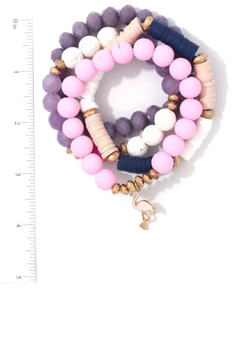 Multi Bead Flamingo Charm Stretch Bracelet Set