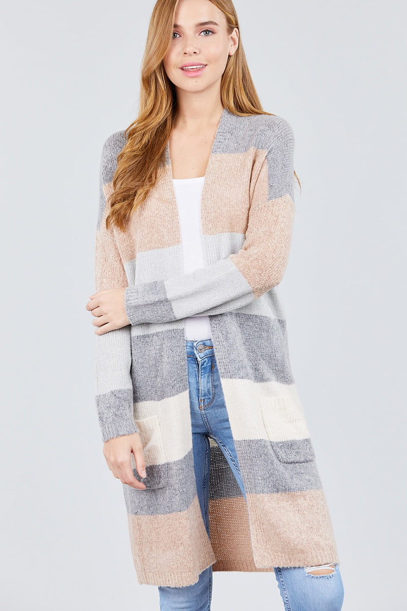 Long Sleeve Open Front W/pocket Color Block Cardigan