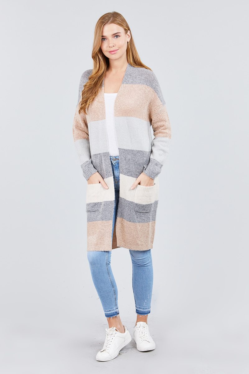 Long Sleeve Open Front W/pocket Color Block Cardigan