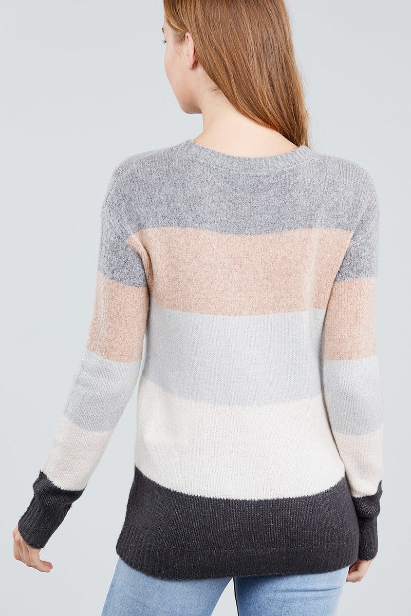 Long Sleeve Round Neck Color Block Sweater