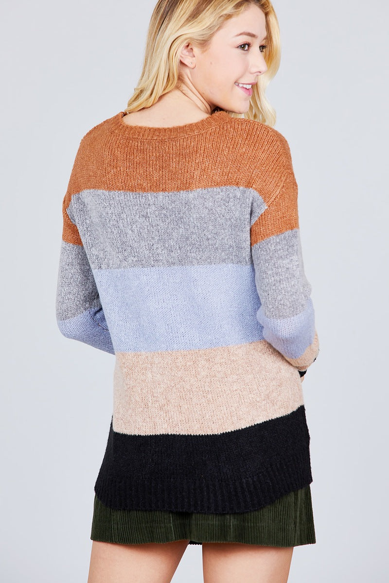 Long Sleeve Round Neck Color Block Sweater