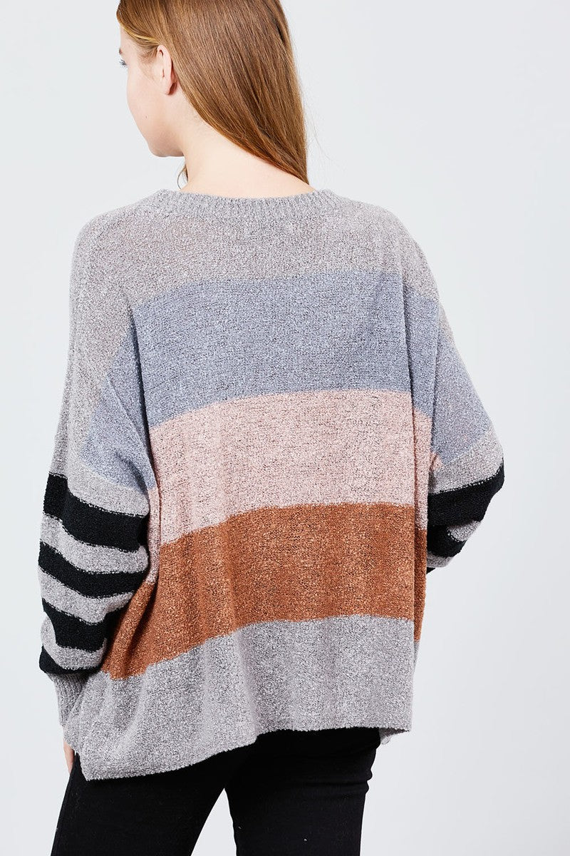 Long Dolman Sleeve Round Neck Multi Color Block Sweater