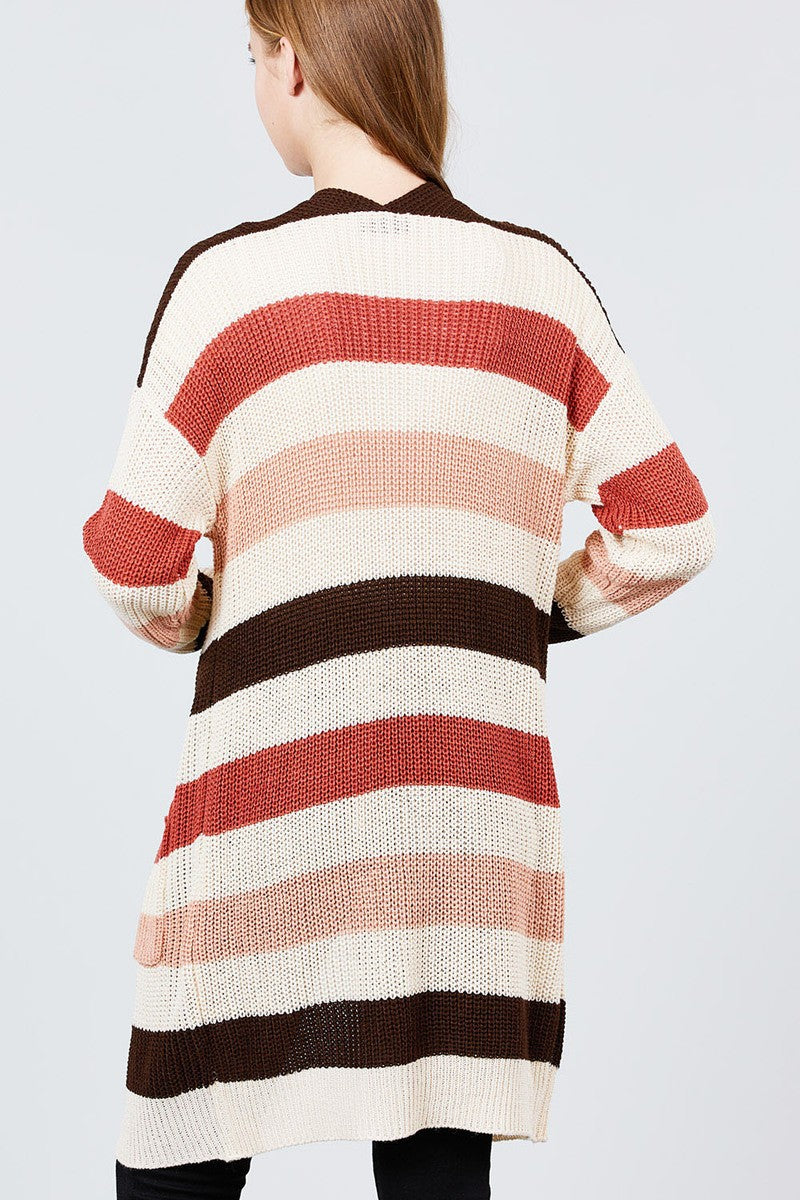 Long Sleeve W/two Pocket Color Block Sweater Cardigan