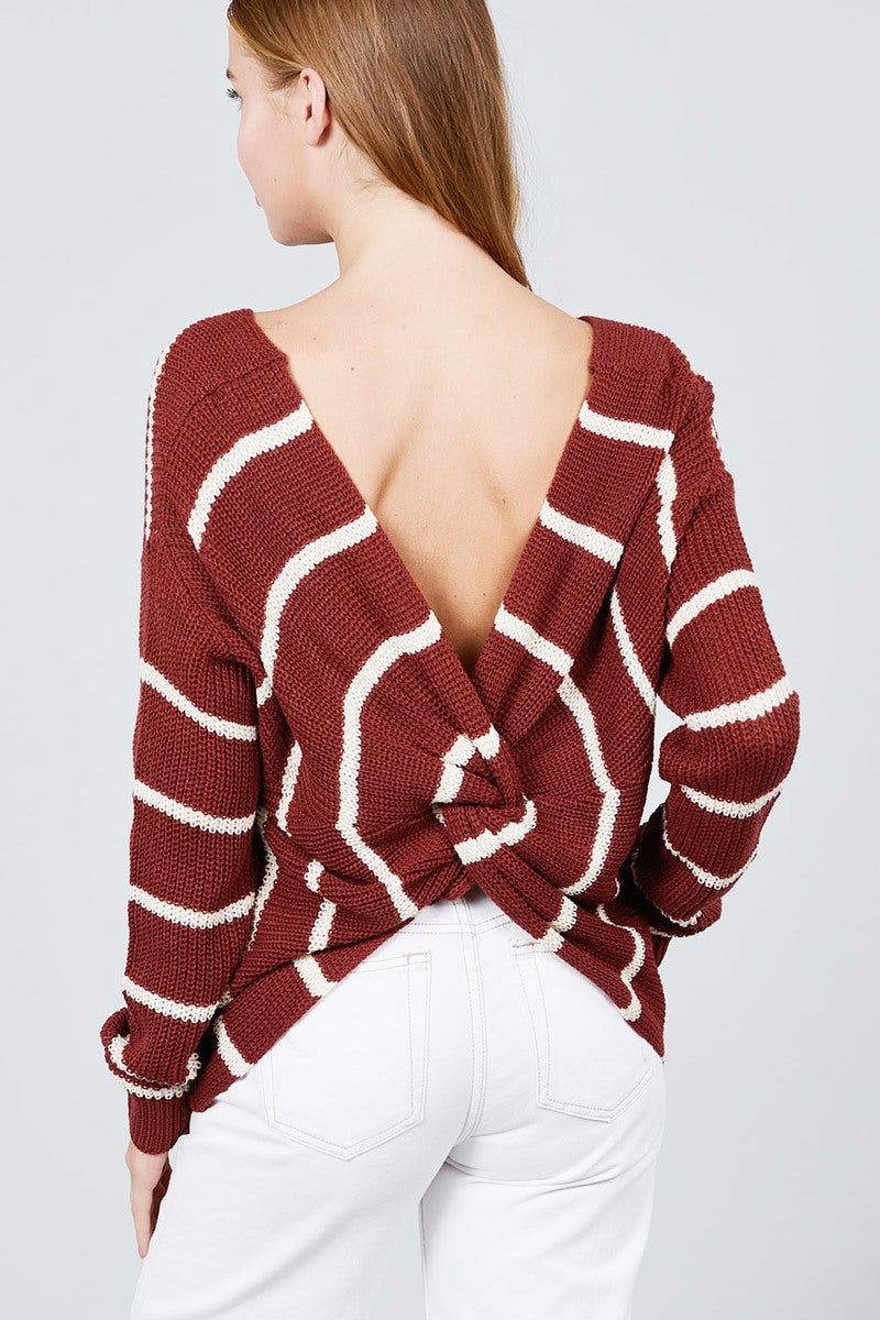Long Sleeve V-neck Twist Back Stripe Sweater Top