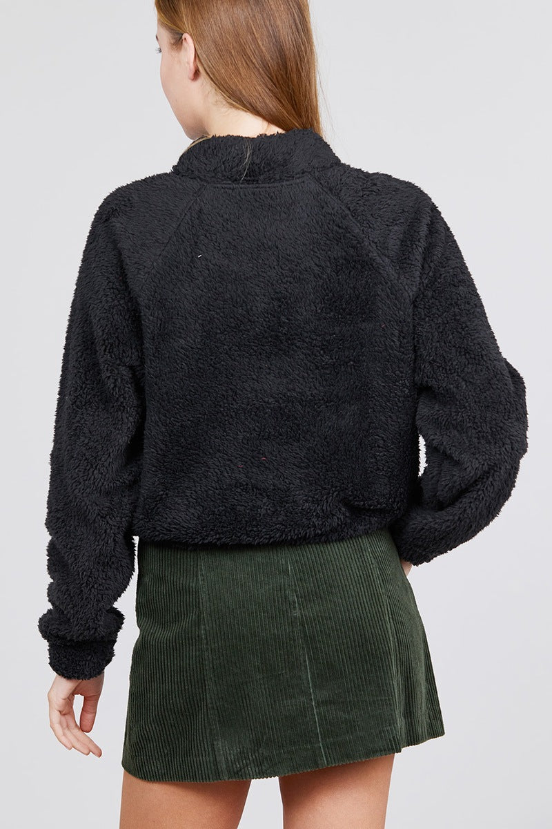 Long Dolman Sleeve Mock Neck W/zipper Detail Toggle Elastic Hem Faux Fur Top