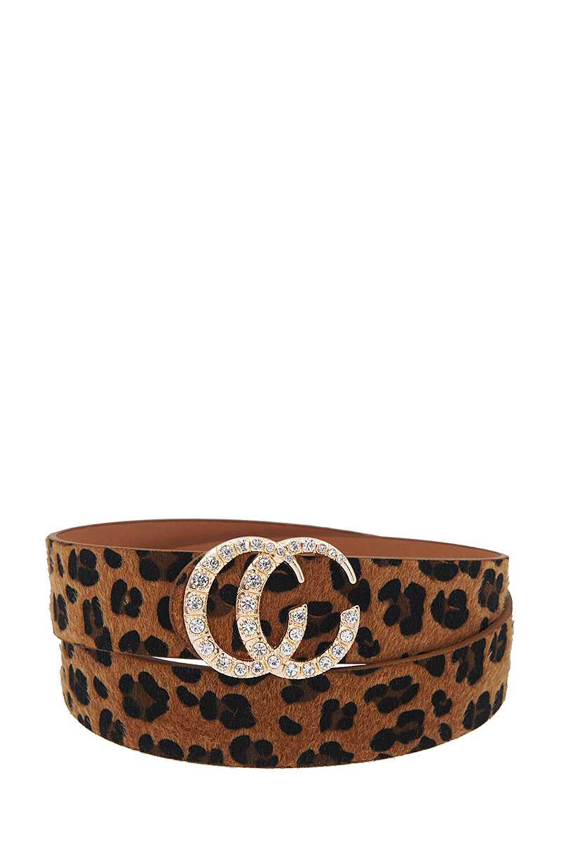 Stylish Rhinestone Buckle Accent Leopard Fur Belt