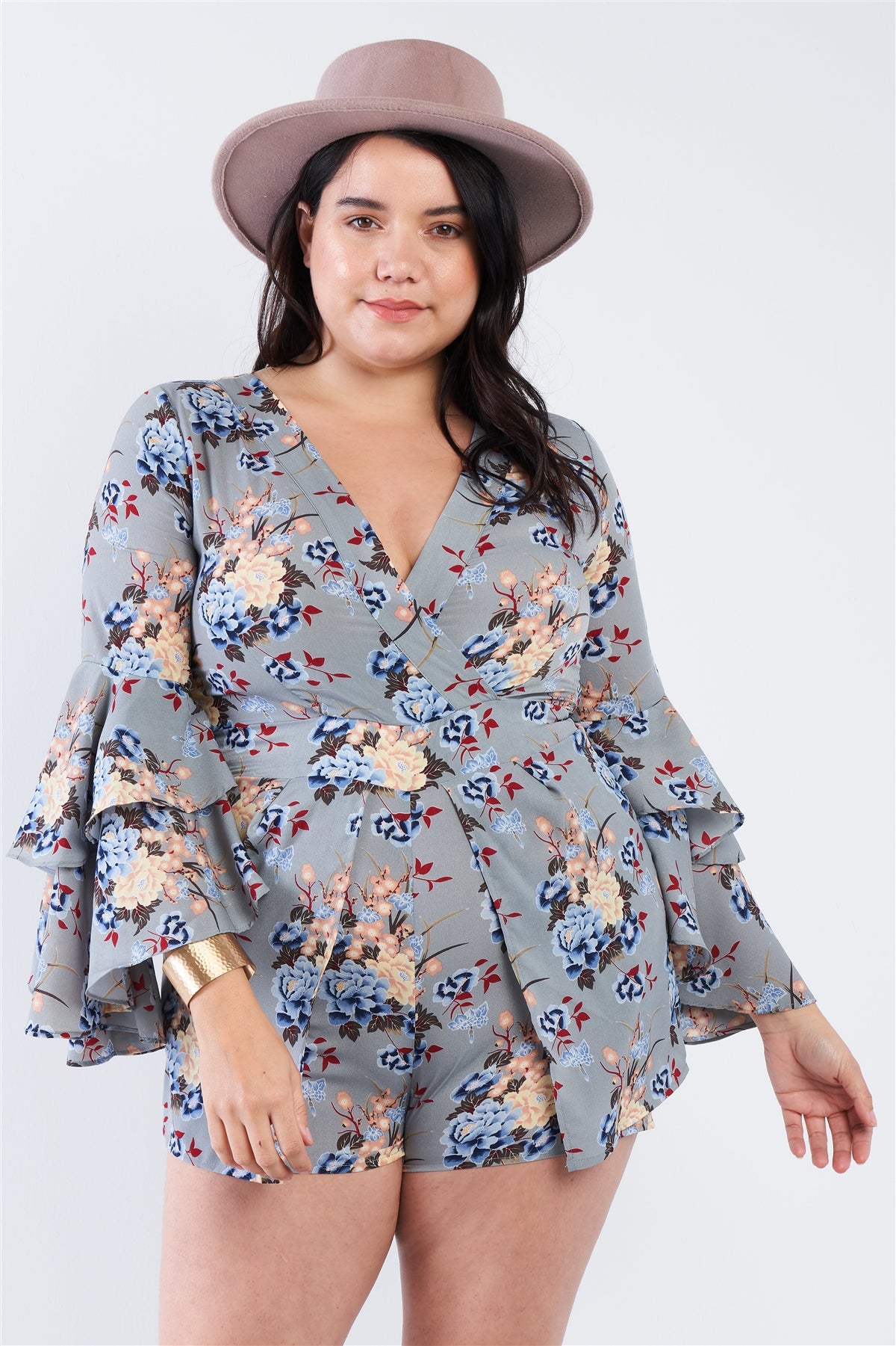 Light Grey Floral Surplice Bell Sleeve Romper