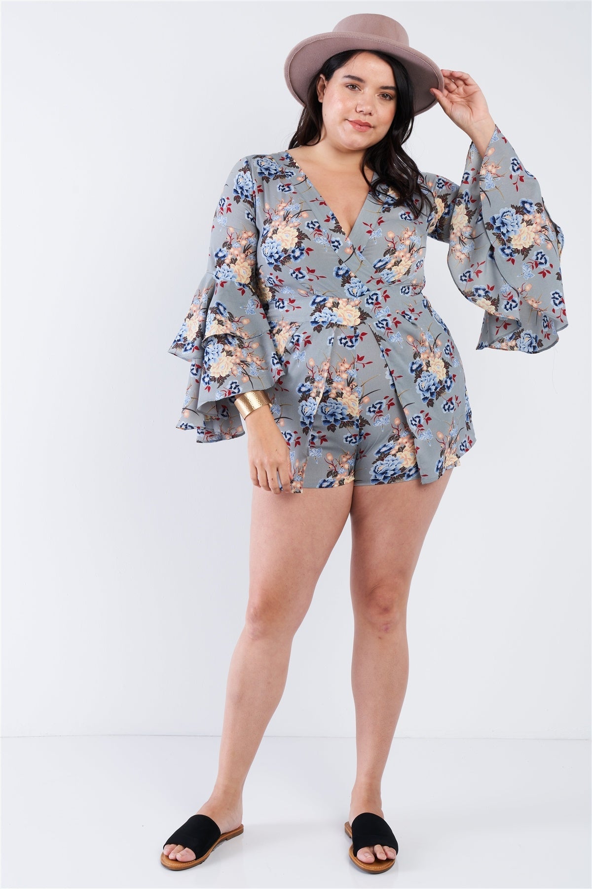 Light Grey Floral Surplice Bell Sleeve Romper