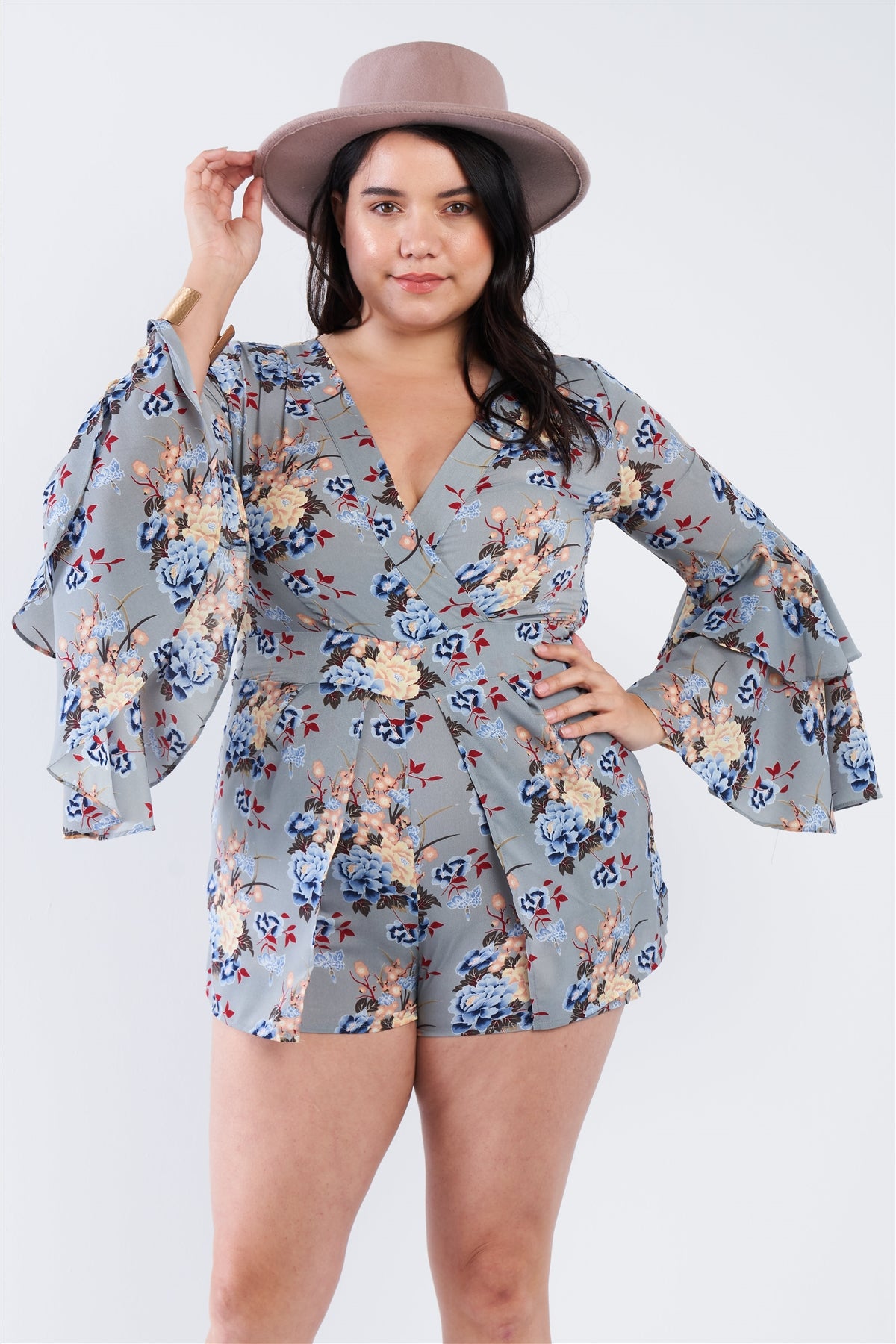Light Grey Floral Surplice Bell Sleeve Romper