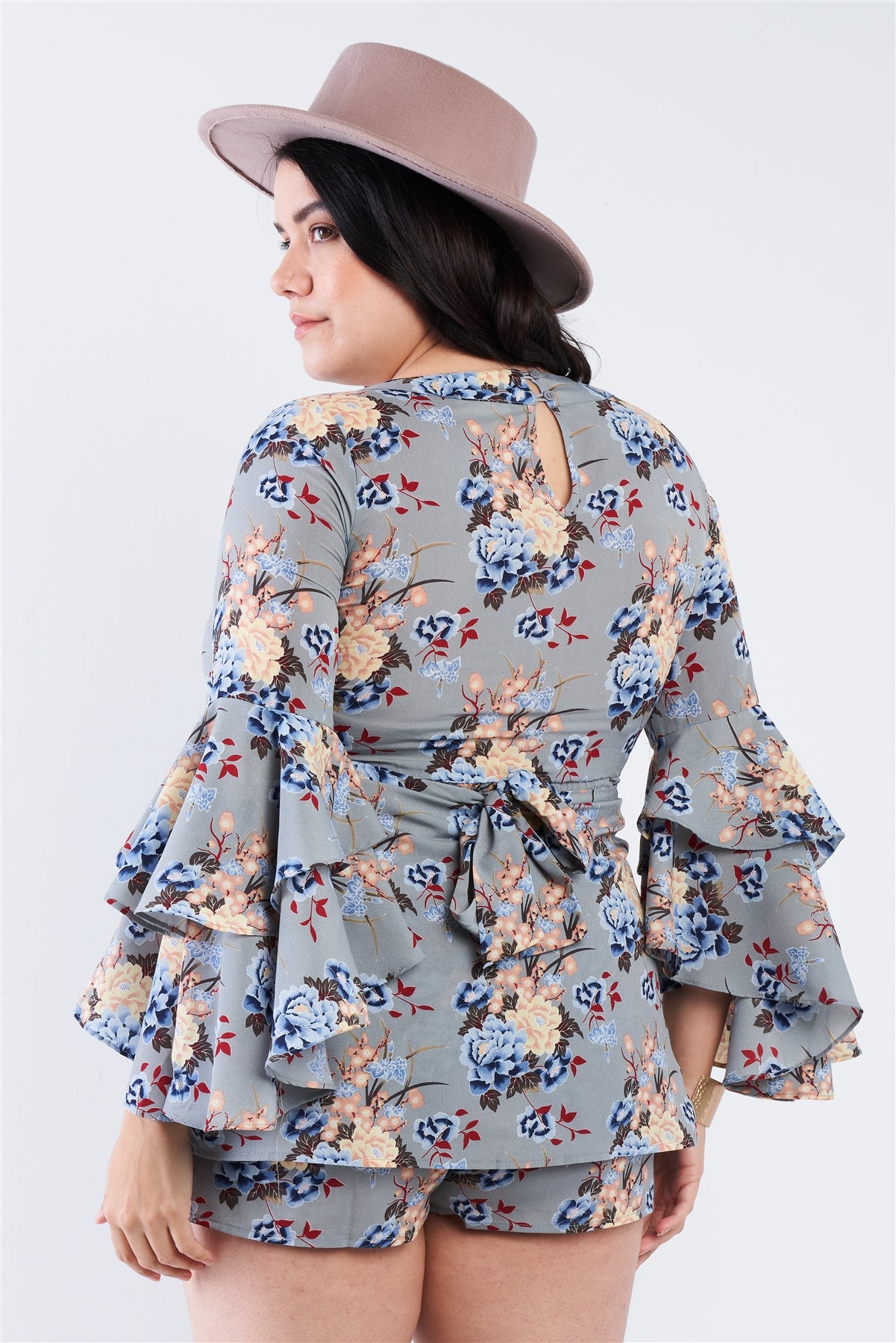 Light Grey Floral Surplice Bell Sleeve Romper