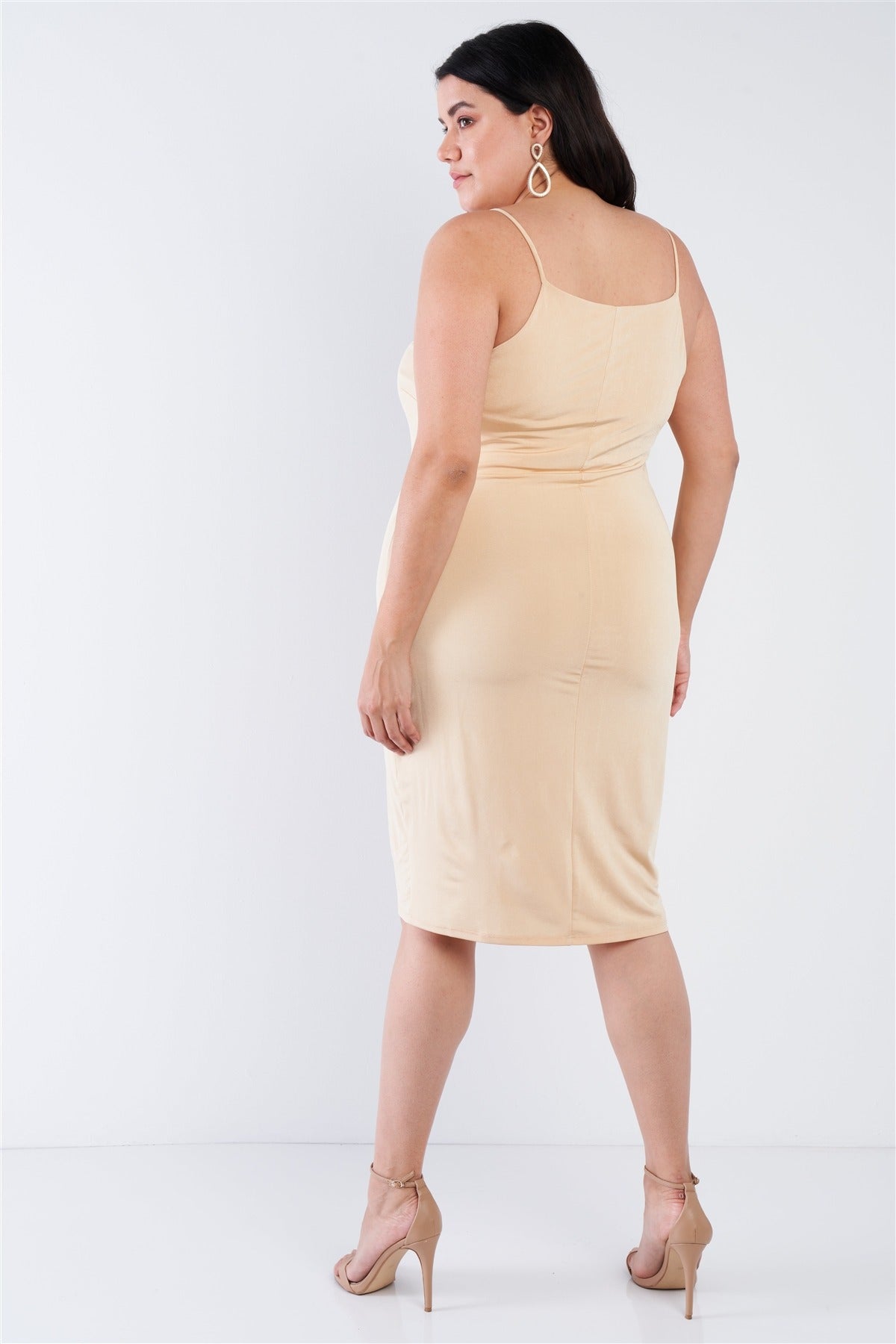 Plus Size V-neck Solid Cami Satin Mini Dress