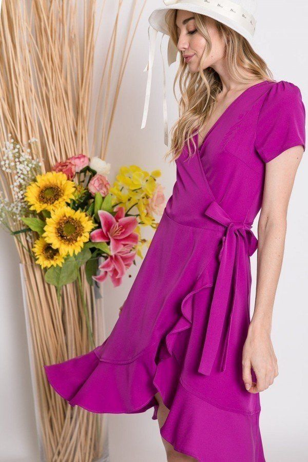 Solid Basic Ruffle Detailed Tulip Overlay Short Sleeve Surplice Dress With Ribbon Tie Waist Detail