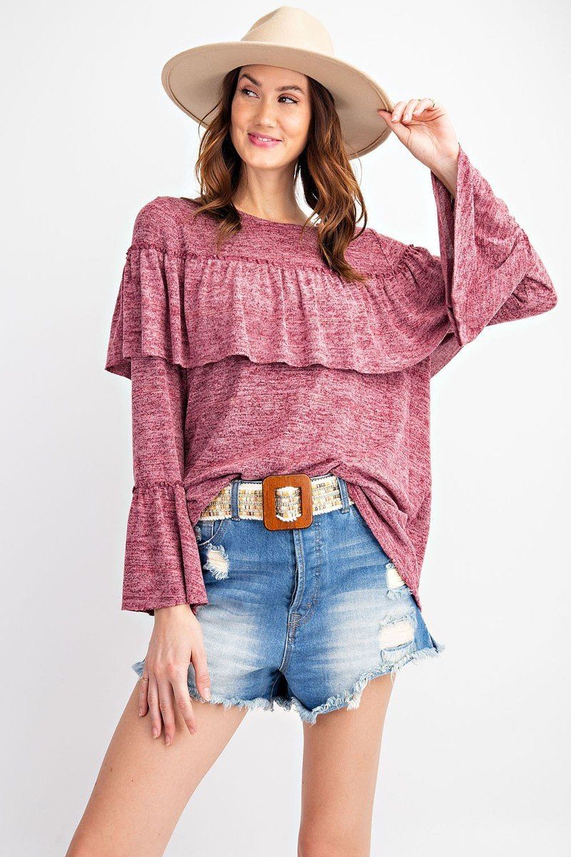 Bold Ruffles Featuring Overlay Accents Girly And Chic Bell Sleeve 2tone Hacci Tunic