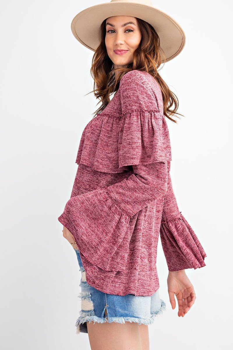 Bold Ruffles Featuring Overlay Accents Girly And Chic Bell Sleeve 2tone Hacci Tunic