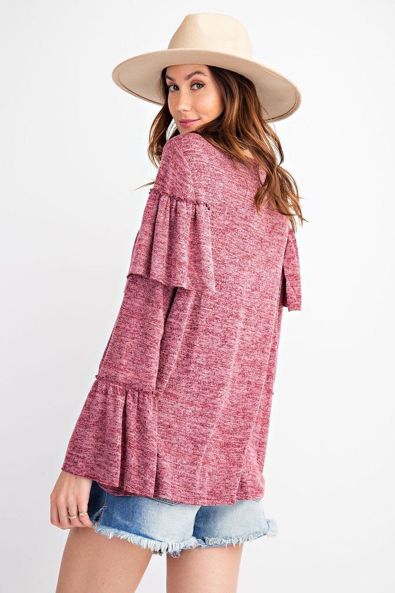Bold Ruffles Featuring Overlay Accents Girly And Chic Bell Sleeve 2tone Hacci Tunic