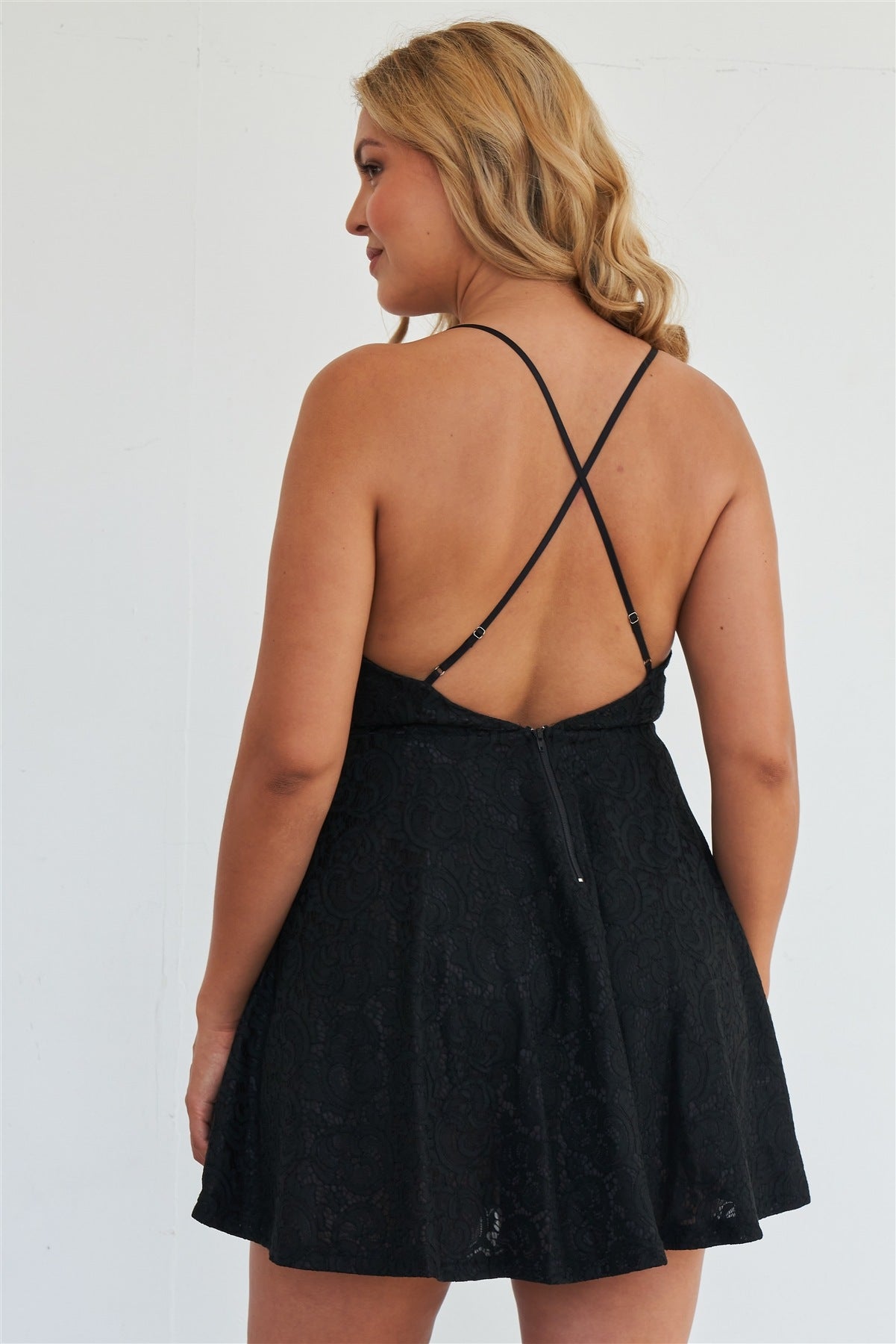 Plus Size Criss Cross Cami Adjustable Strap Floral Embroidered Mini Summer Dress