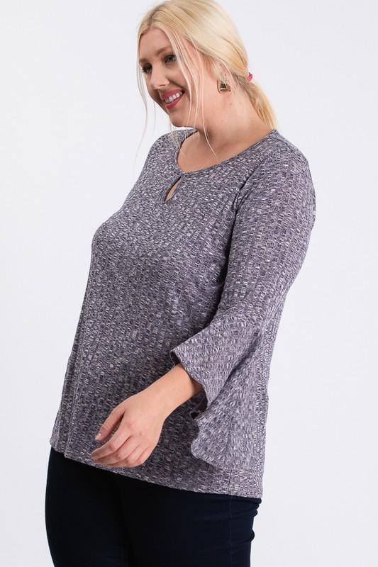 Front Keyhole 2tone Rib Fabric 3/4 Bell Sleeve Top