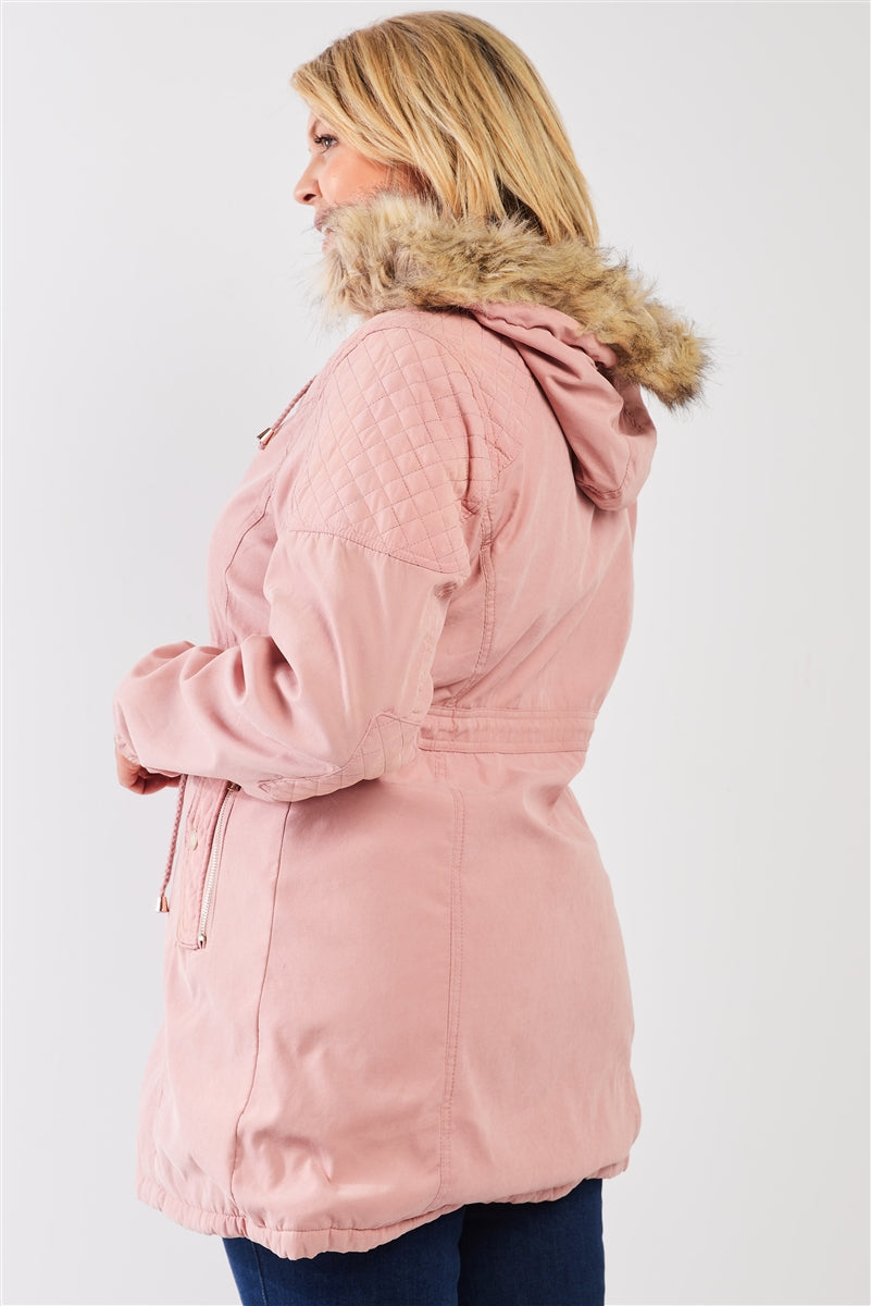 Plus Size Quilted Detail Vegan Fur Cotton Twill Parka Jacket