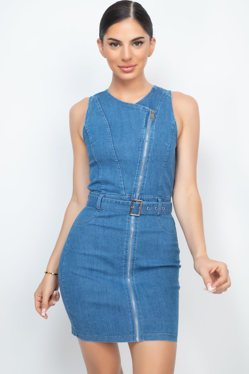 Front Zip Belted Denim Dress