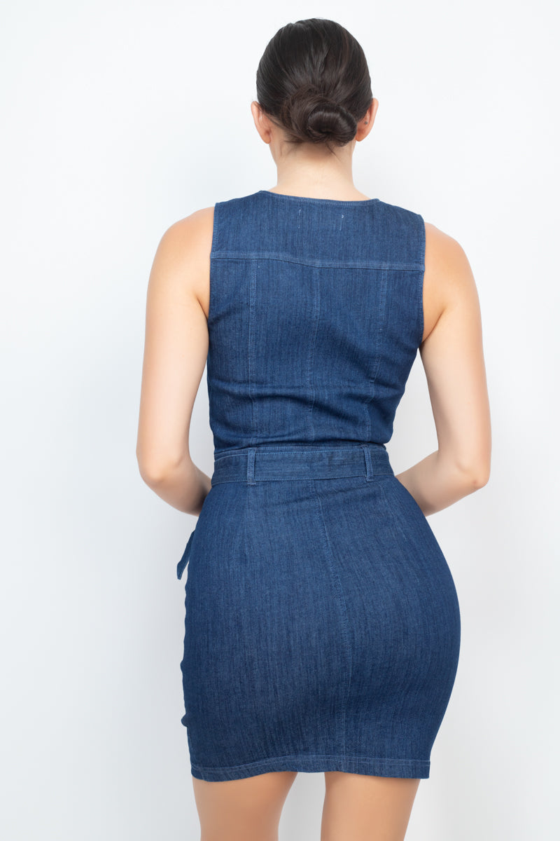 Front Zip Belted Denim Dress