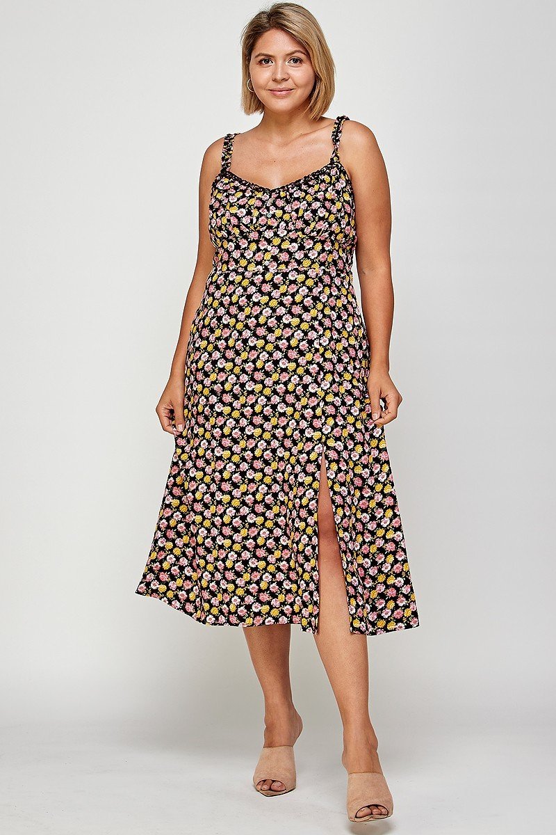 Plus Size, Floral Print Midi Dress