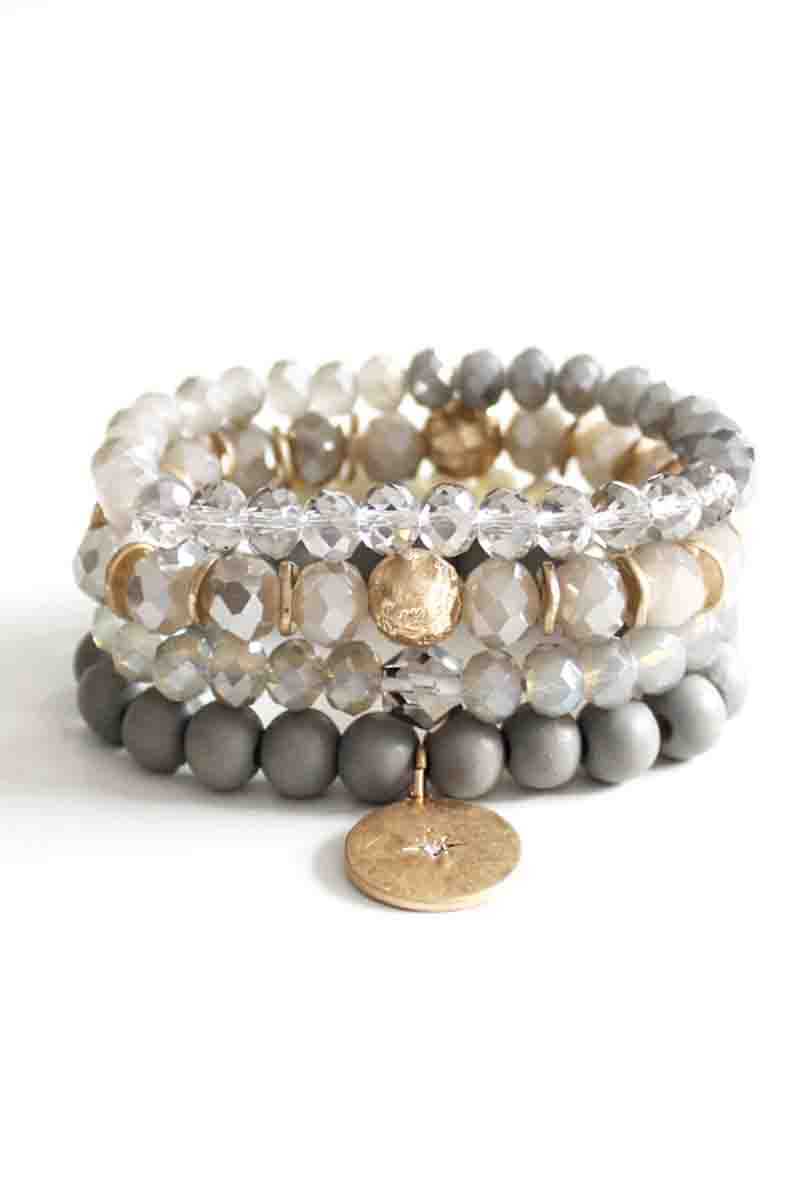 Crystal Wood Bead Stretch Bracelet Set