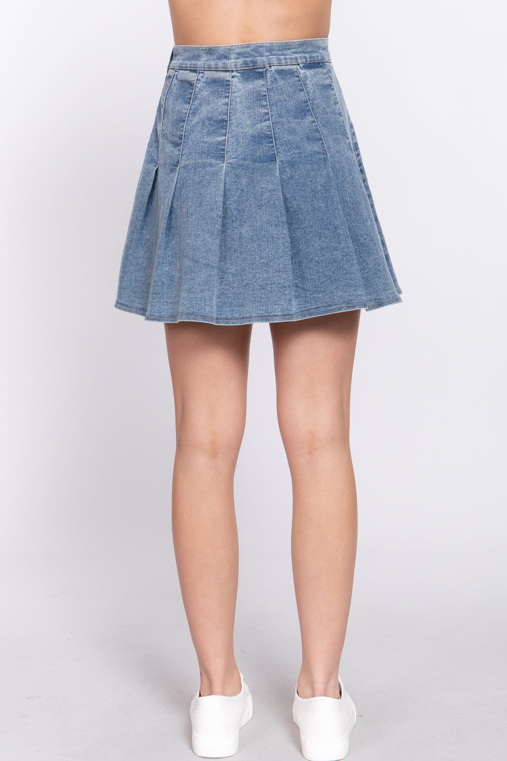 Side Zipper Pleats Detail Stretch Denim Mini Skirt