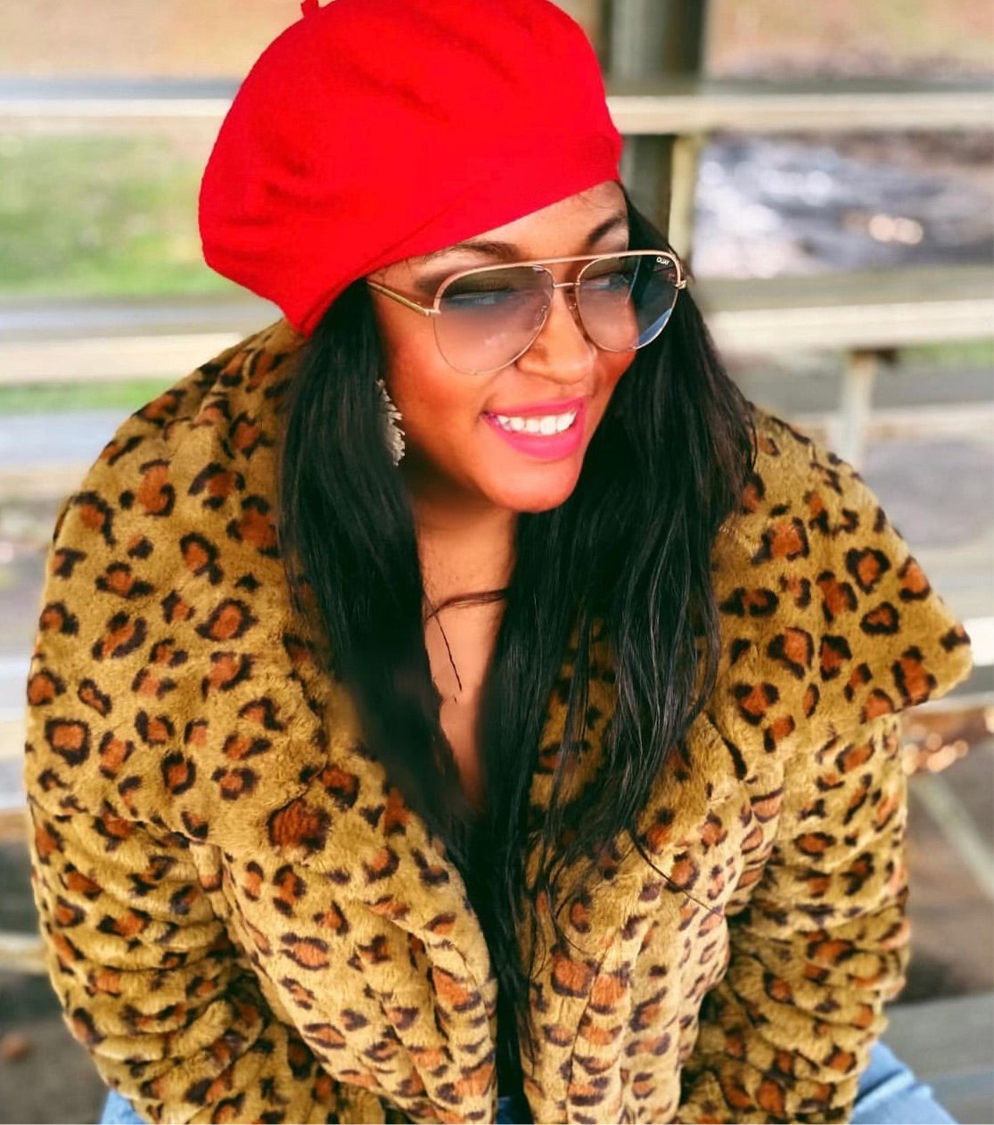 Green Leopard Print Faux Fur Open Front Oversized Collar Jacket