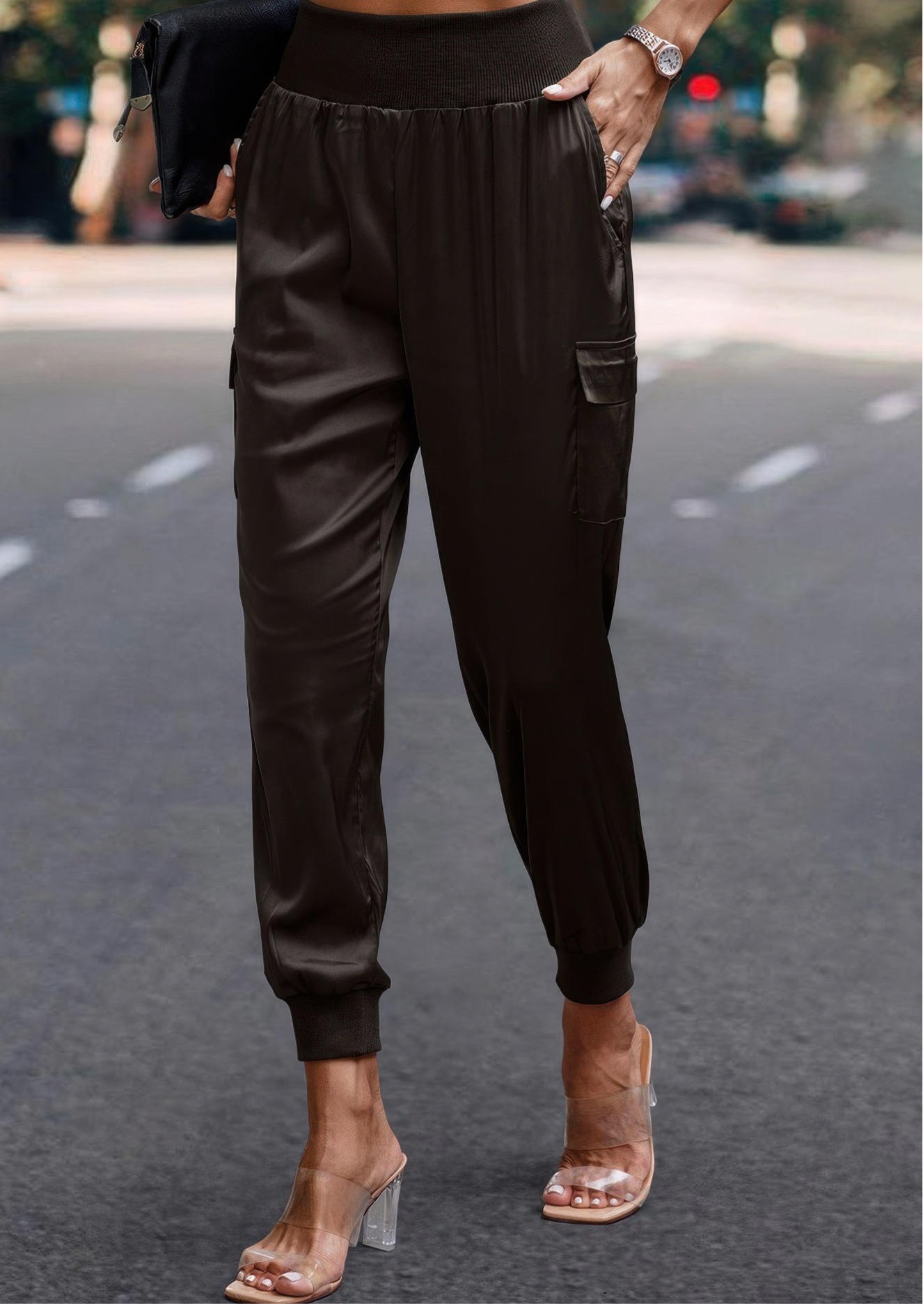 High Waist Trousers Pocket Satin Jogger Pants