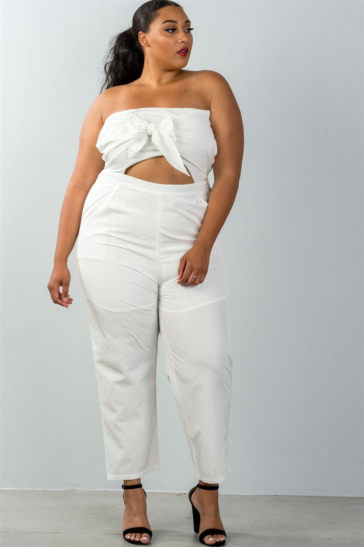 Ladies fashion plus size bow detail at front strapless jumpsuit palazzo pants