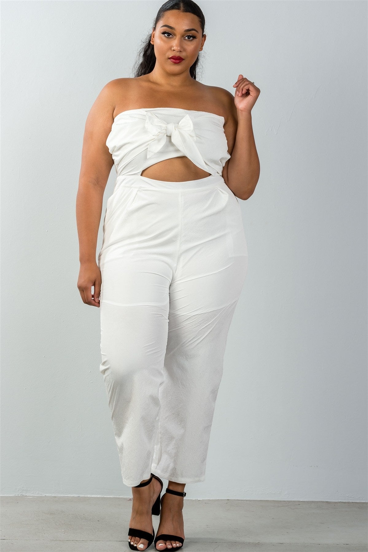 Ladies fashion plus size bow detail at front strapless jumpsuit palazzo pants