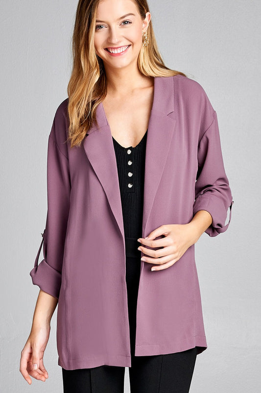 Ladies fashion 3/4 roll up sleeve open front woven jacket