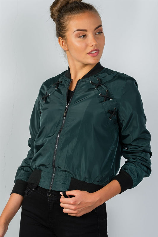 Ladies fashion front zipper closure sides lace-up bomber jacket