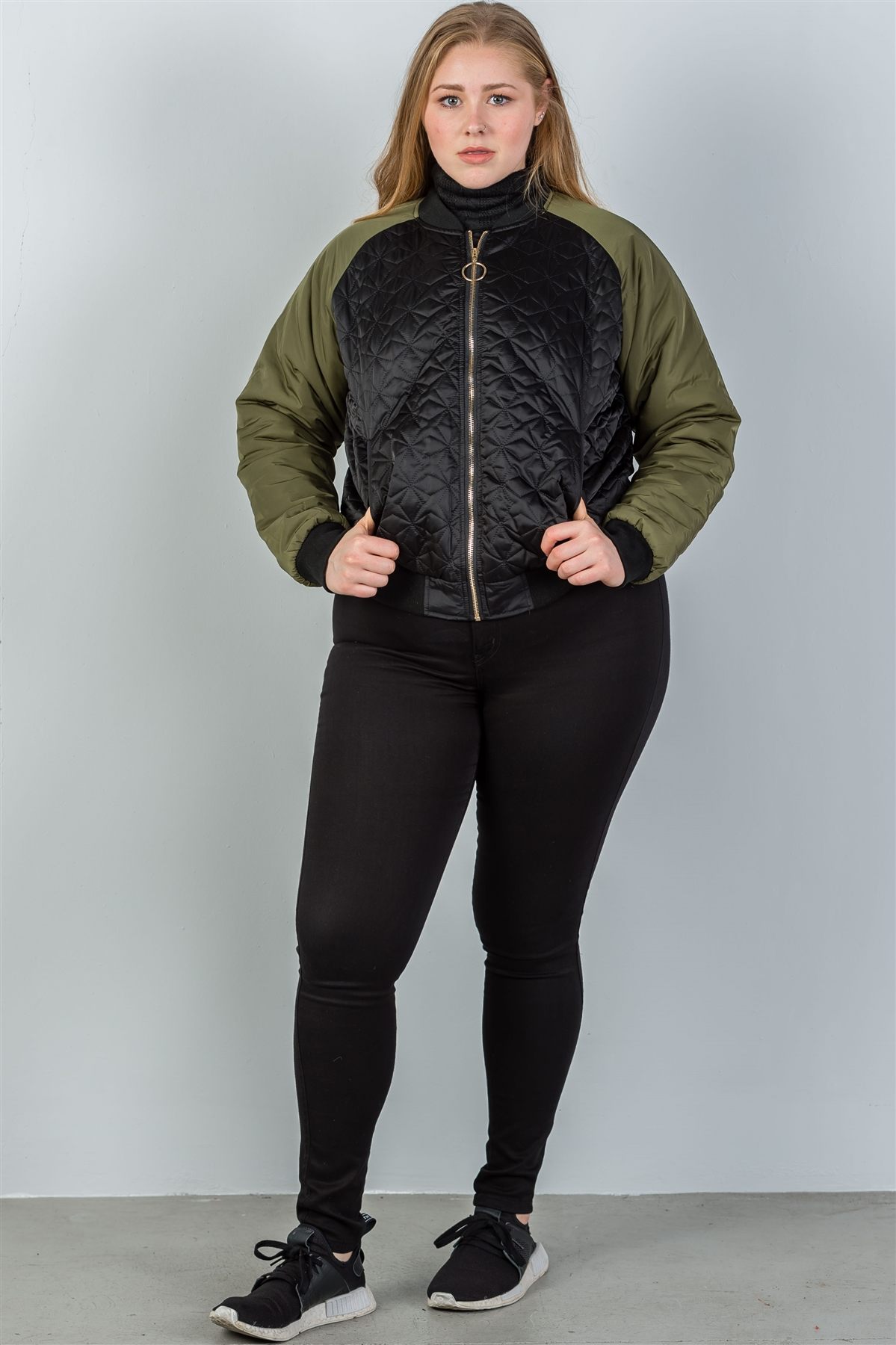 Ladies fashion plus size black & olive quilted bomber jacket