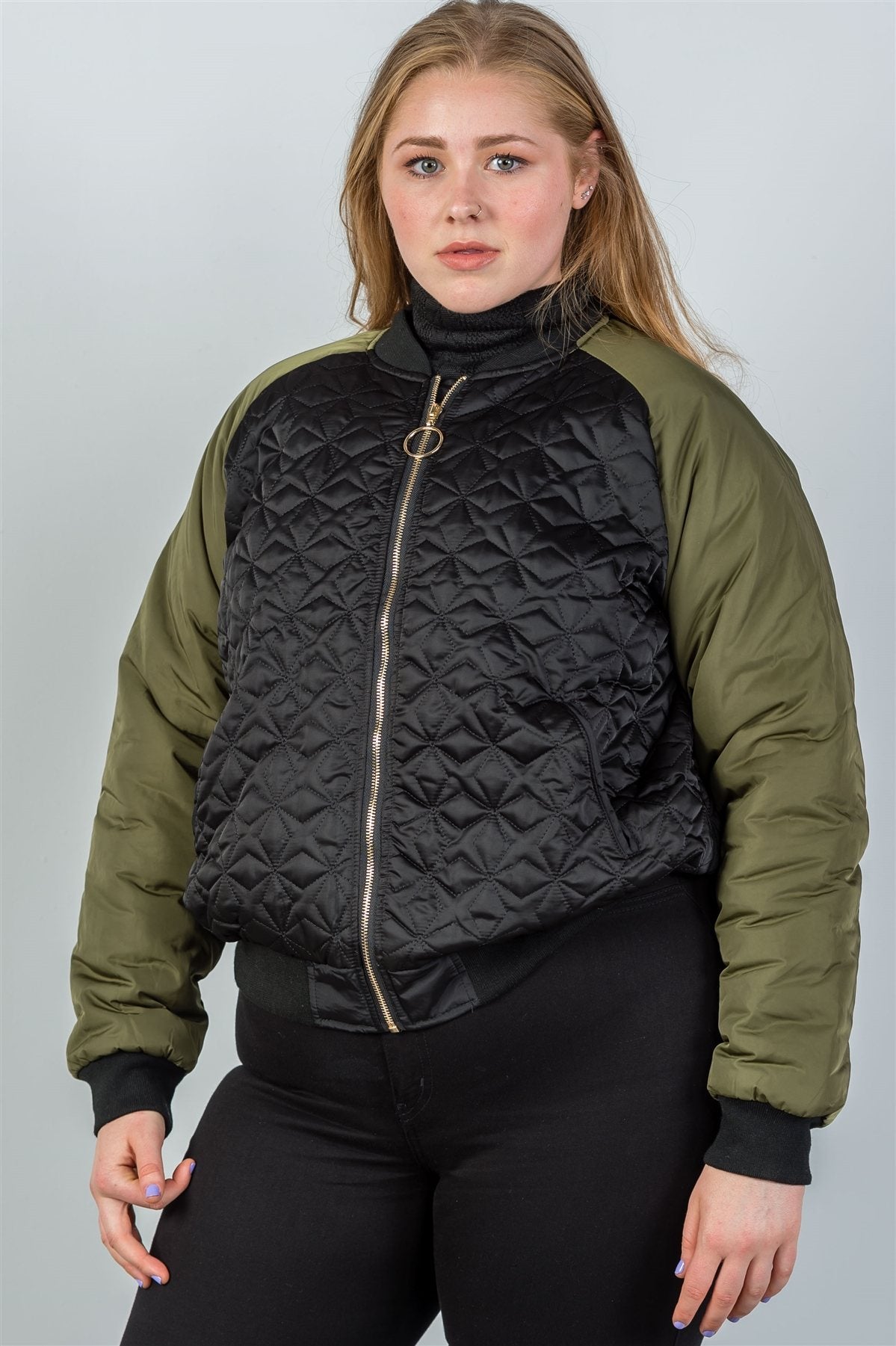 Ladies fashion plus size black & olive quilted bomber jacket