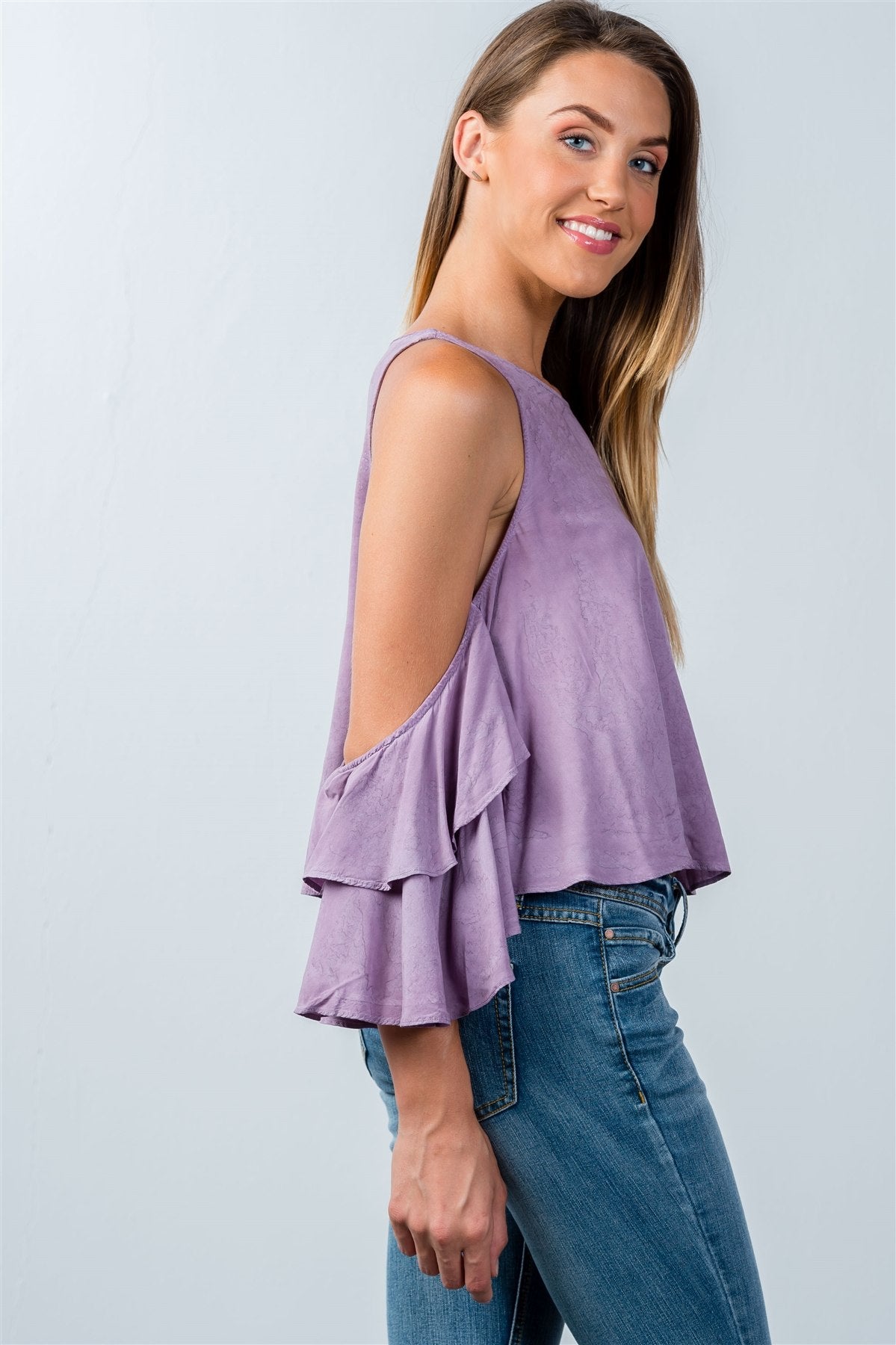 Ladies fashion back keyhole open-shoulder batwing top