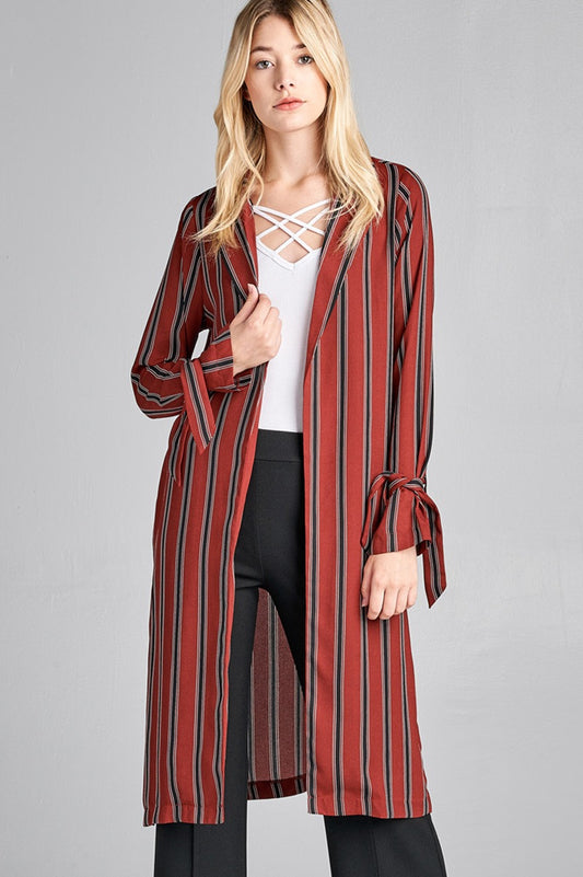 Ladies fashion long sleeve notched collar side slit multi stripe long jacket