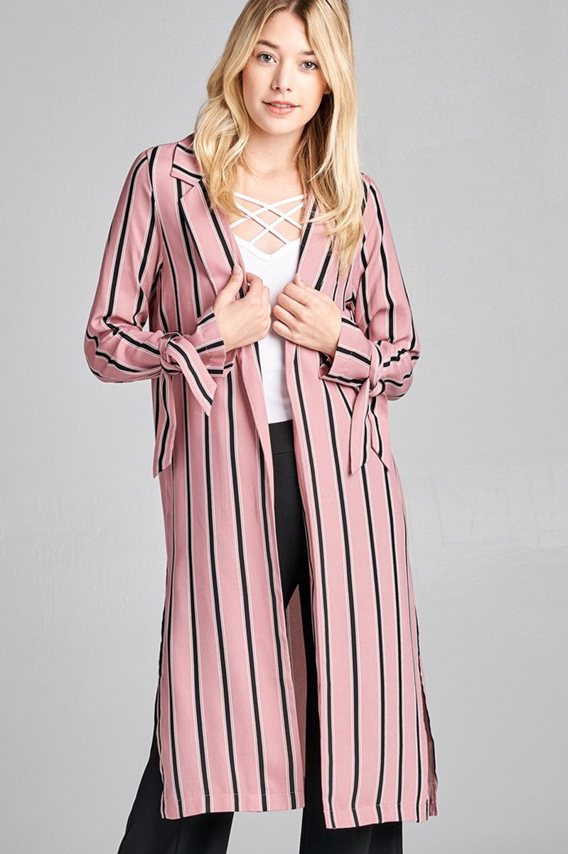 Ladies fashion long sleeve notched collar side slit multi stripe long jacket