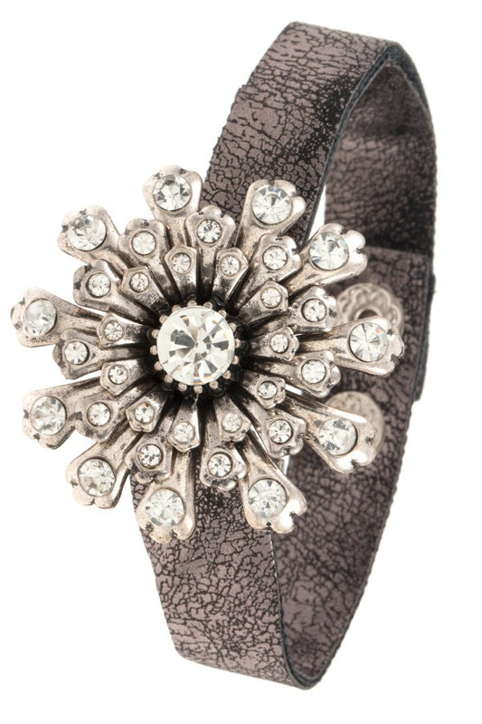 Crystal floral burst orante faux crackled leather bracelet