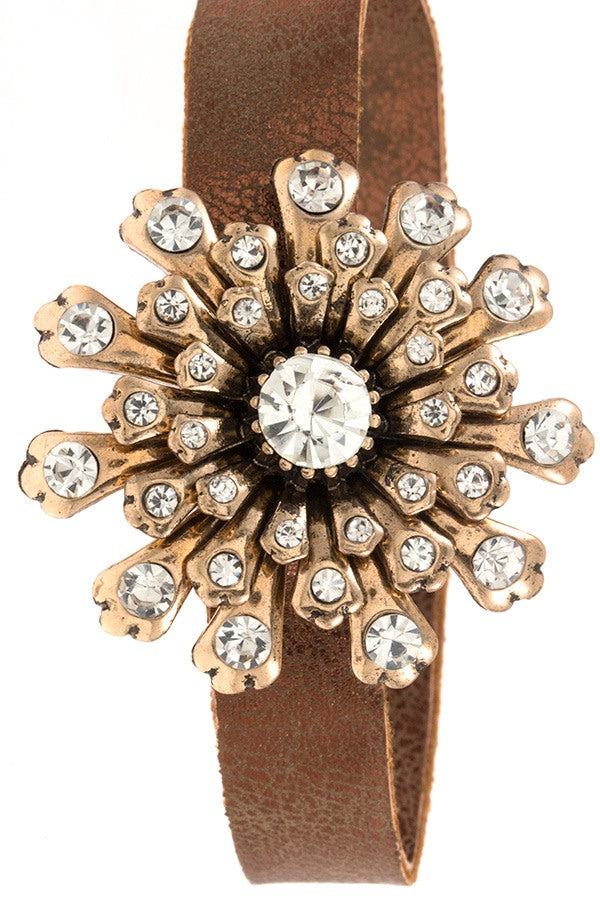 Crystal floral burst orante faux crackled leather bracelet