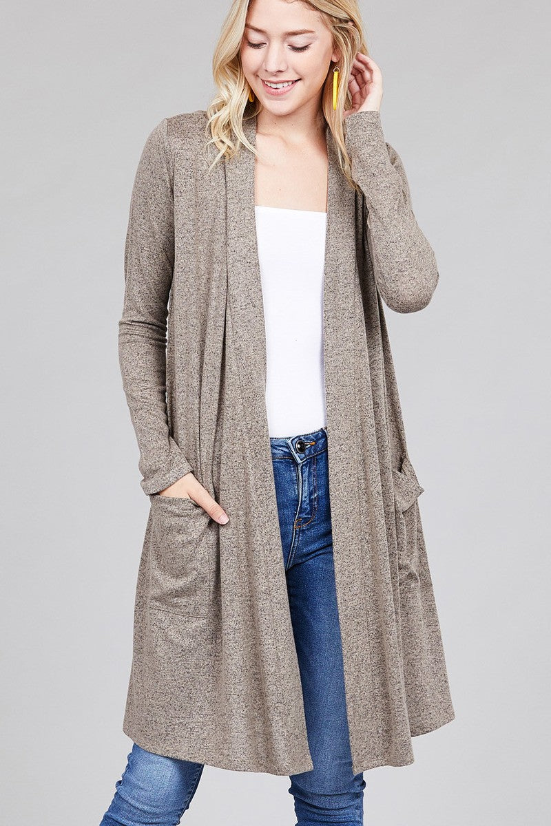 Ladies fashion plus size long sleeve open front w/pocket brushed hacci cardigan