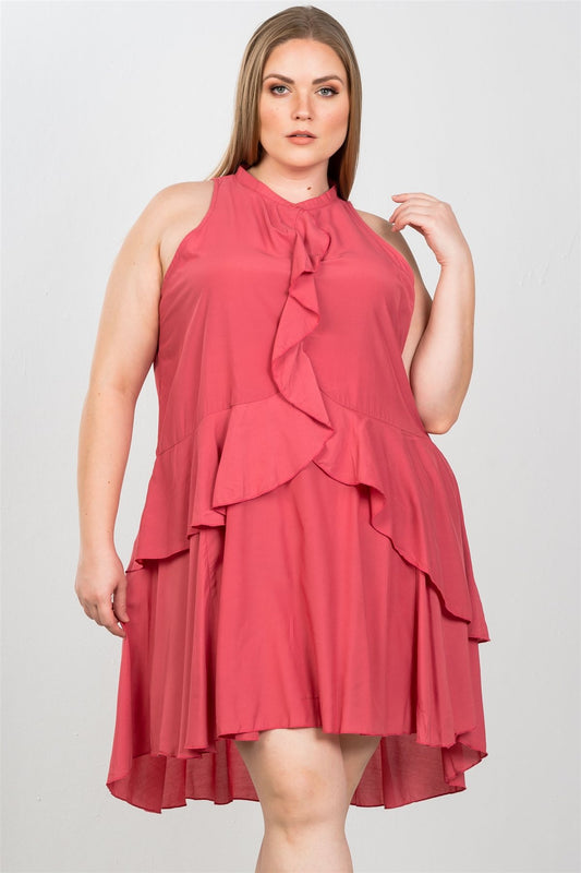 Ladies fashion plus size draped-ruffle front sleeveless swing mini dress