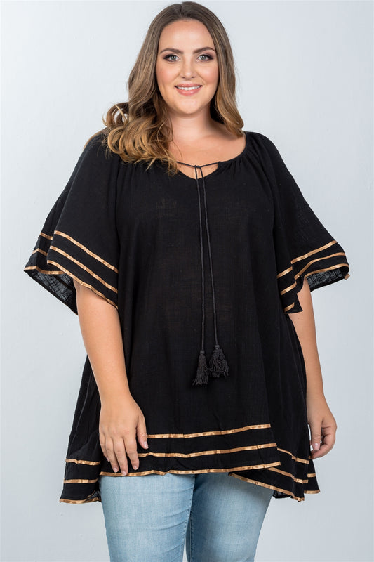 Ladies fashion plus size boho black tassel tie tunic top